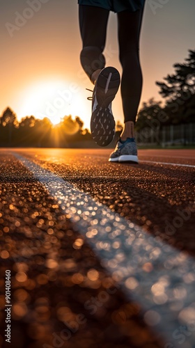 Close up of a runner's shoes running on the road in sunset light,