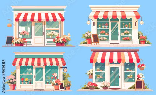 flower shop boutique. building facade showcase florist window floral outside market business kiosk vector illustration