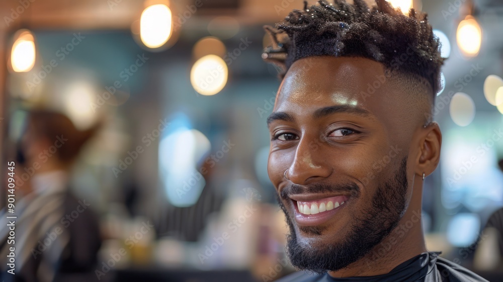 A man admiring his new haircut in a barber shop mirror, emphasizing client satisfaction A man admiring his new haircut in a barber shop mirror, emphasizing client satisfaction