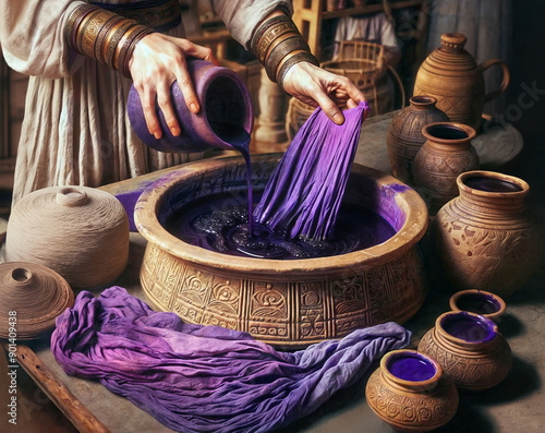 Ancient phoenician worker dyeing the clothes of a rich person with purple pigment.