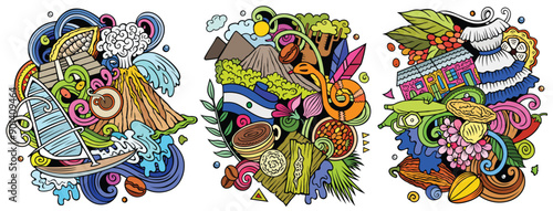 El Salvador cartoon vector doodle designs set. Line art detailed compositions with lot of Salvadoran objects and symbols
