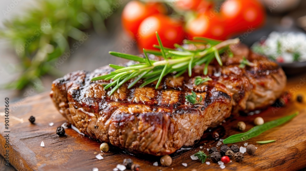 A close-up shot of a delicious and juicy grilled steak, perfectly cooked to perfection, and garnished with fresh rosemary and colorful peppercorns, ready to be served. A close-up shot of a delicious and juicy grilled steak, perfectly cooked to perfection, and garnished with fresh rosemary and colorful peppercorns, ready to be served.