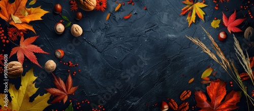 Colorful fall foliage nuts and grass in a corner border atop a rustic dark banner background shown from above with a copy space image below