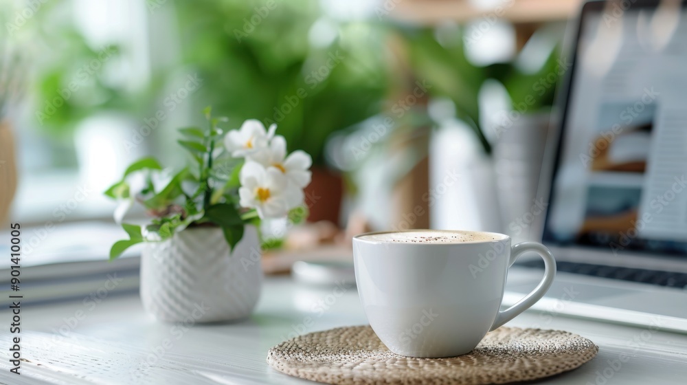 A cozy indoor workspace setup featuring a cup of coffee and a blooming plant in a stylish pot, creating a comfortable and inviting atmosphere for working or relaxing. A cozy indoor workspace setup featuring a cup of coffee and a blooming plant in a stylish pot, creating a comfortable and inviting atmosphere for working or relaxing.