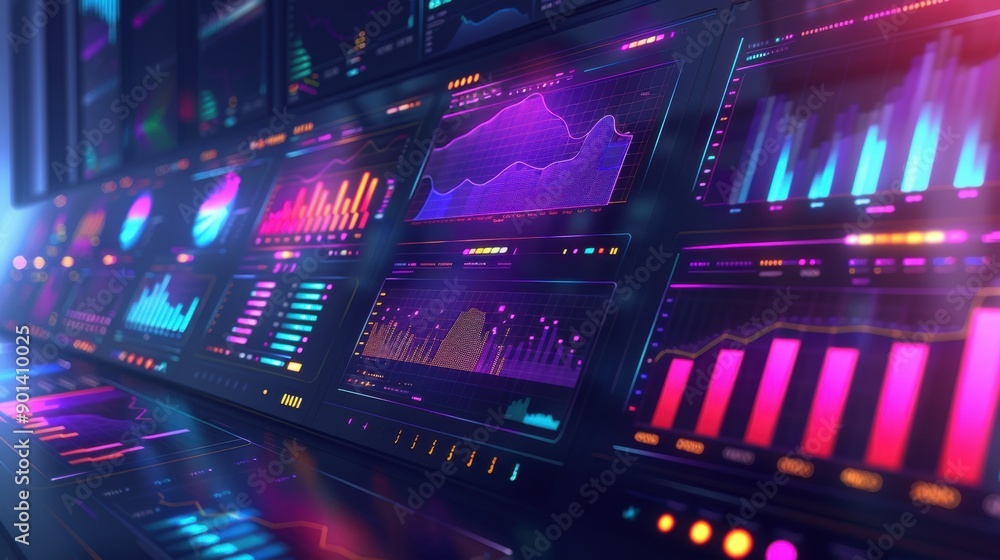 Futuristic Digital Dashboard with Colorful Graphs and Data Visualizations Futuristic Digital Dashboard with Colorful Graphs and Data Visualizations