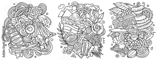 El Salvador cartoon vector doodle designs set. Line art detailed compositions with lot of Salvadoran objects and symbols
