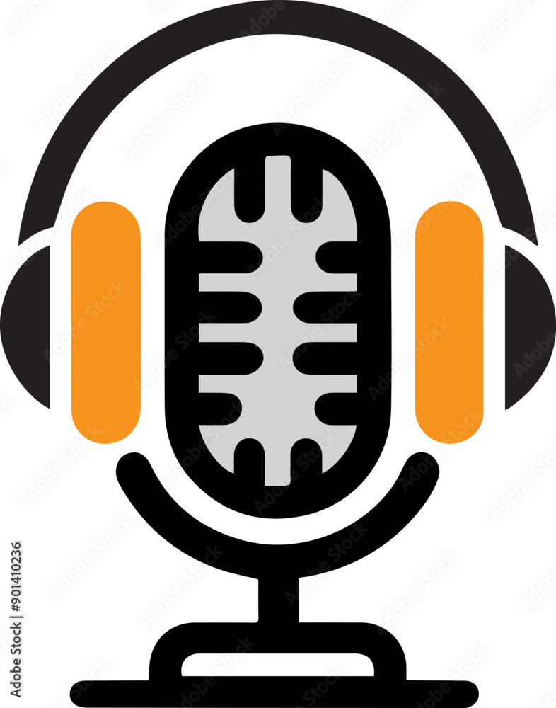 A stylized microphone design with headphones, perfect for podcasting, broadcasting, or music production themes. A stylized microphone design with headphones, perfect for podcasting, broadcasting, or music production themes.