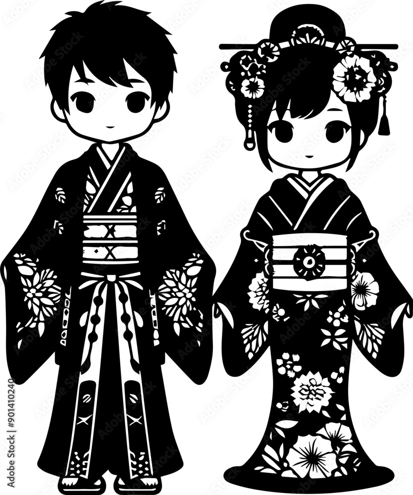 Stylized couple in traditional Japanese kimonos, showcasing intricate designs and cultural elegance in a minimalist style. Stylized couple in traditional Japanese kimonos, showcasing intricate designs and cultural elegance in a minimalist style.