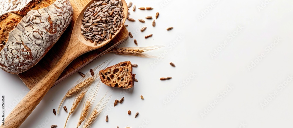 A wooden spoon holds fresh bread with wheat and sunflower seeds in a captivating copy space image on a white background A wooden spoon holds fresh bread with wheat and sunflower seeds in a captivating copy space image on a white background