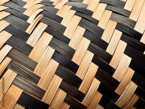 Obraz na plátně Pictured is basketry made from bamboo in equal sized strands, brown and black, plated, woven in a handmade art form, beautifully alternating brown and black