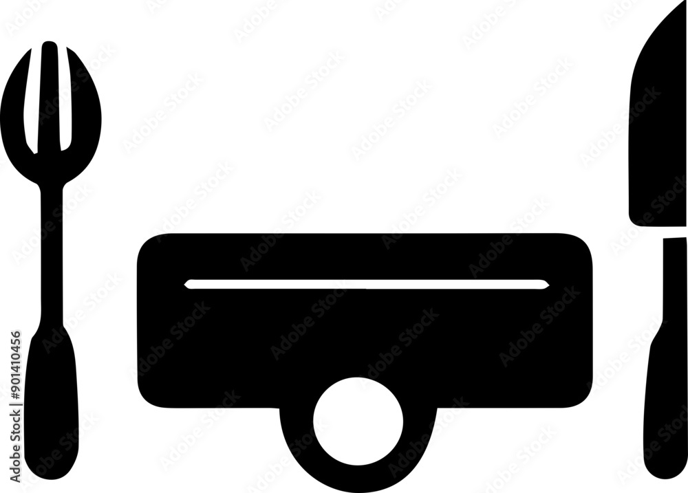 A minimalistic black icon set featuring a fork, knife, and butter dish for culinary design. A minimalistic black icon set featuring a fork, knife, and butter dish for culinary design.
