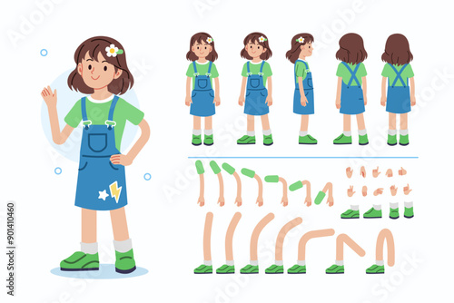 School girl character constructor for animation. Front, side and back view. Body parts and postures collection. Vector illustration.