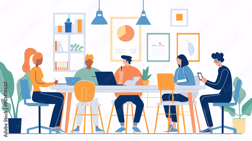 Team members seeking advice from their manager in a bright and minimalist office setting Team members seeking advice from their manager in a bright and minimalist office setting