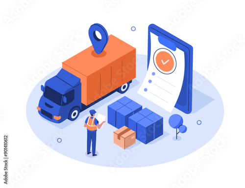 Customs inspector at check cargo clearance or import declaration tax form. Worldwide shipment and delivery service concept. Isometric vector illustration.