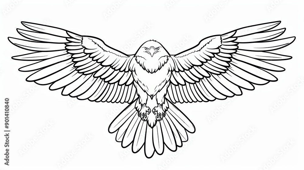 Obraz premium Black and White Line Drawing of a Hawk with Spread Wings