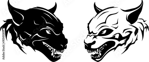 Dynamic designs of two fierce wolf heads in black and white, showcasing strength and intensity for artwork and branding.