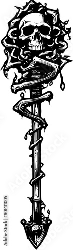 A striking skull staff design featuring intricate details and a dark aesthetic, perfect for fantasy or horror themes.