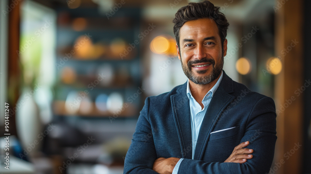 Happy Indian business leader with arms crossed, exuding confidence and professionalism in the workplace. Happy Indian business leader with arms crossed, exuding confidence and professionalism in the workplace.
