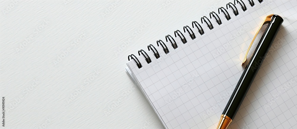 Notepad and pen on a blank backdrop with ample copy space image Notepad and pen on a blank backdrop with ample copy space image