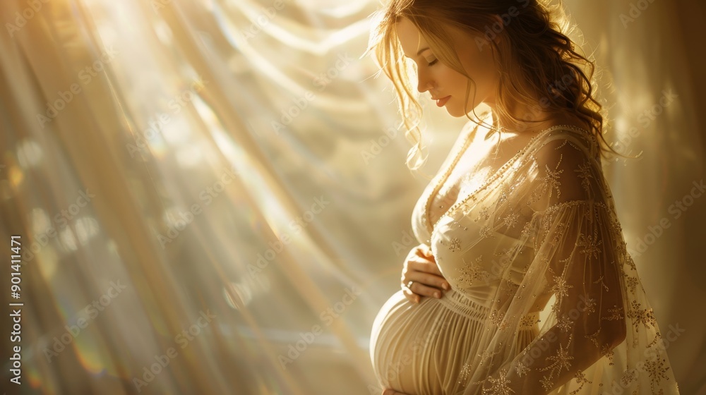 Pregnant woman in a flowing dress, standing by a sunlit window, in a peaceful and bright mood. Pregnant woman in a flowing dress, standing by a sunlit window, in a peaceful and bright mood.