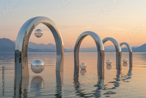 Reflective Arches and Spheres at Sunset
