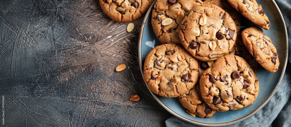 Sweet homemade chocolate chip cookies with almond and coconut chips arranged on a plate with copy space image Sweet homemade chocolate chip cookies with almond and coconut chips arranged on a plate with copy space image