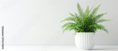 Fragile green fern in a white pot set against a white background with copy space image