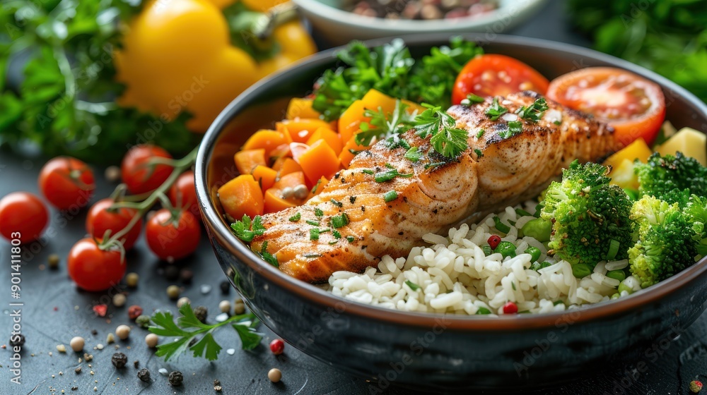 A a balanced meal with lean protein, vegetables, and whole grains, emphasizing nutritious eating A a balanced meal with lean protein, vegetables, and whole grains, emphasizing nutritious eating