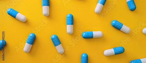 Blue and white capsules with copy space image on a yellow backdrop