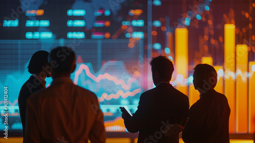 Team of professionals discussing the company's annual financial performance with charts and graphs projected on a screen 