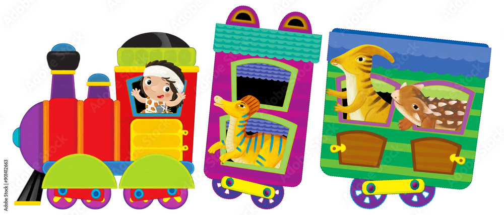 Cartoon funny looking colorful wagon with dino dinosaur animal lizard and caveman conductor isolated illustration for children Cartoon funny looking colorful wagon with dino dinosaur animal lizard and caveman conductor isolated illustration for children