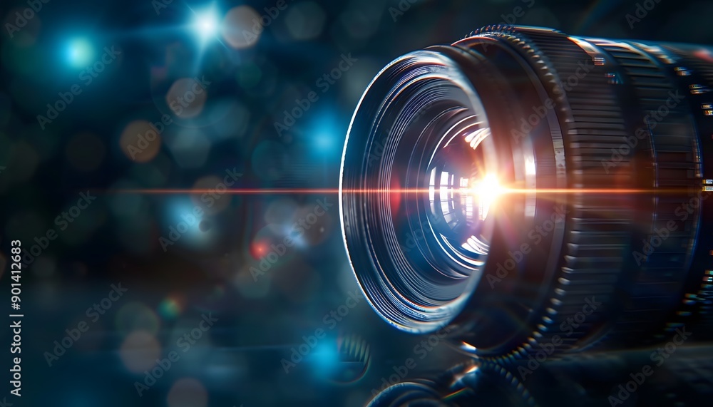camera lens closeup lit by orange and purple neon light camera lens closeup lit by orange and purple neon light