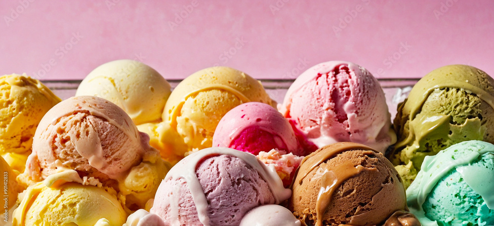 Close-up of colorful ice cream scoops with different flavors, creating a visually delightful pattern against a pink background
Close-up of colorful ice cream scoops with different flavors, creating a visually delightful pattern against a pink background