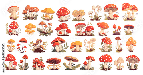 forest mushrooms set cartoon. mushroom forest nature fly agaric poisonous sticker. vector illustration