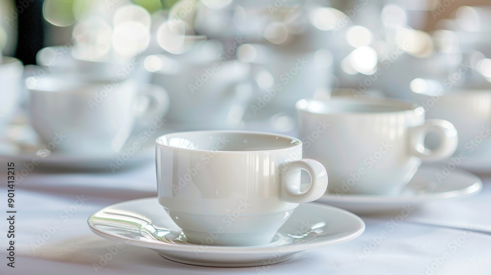 Clean white coffee cups and saucers set neatly on a table for a coffee break service at a seminar or party event venue Clean white coffee cups and saucers set neatly on a table for a coffee break service at a seminar or party event venue