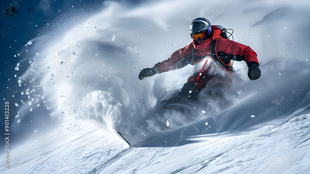 Snowboarder gracefully carving through untouched snow on a steep slope, leaving a smooth trail behind. Snowboarder gracefully carving through untouched snow on a steep slope, leaving a smooth trail behind.