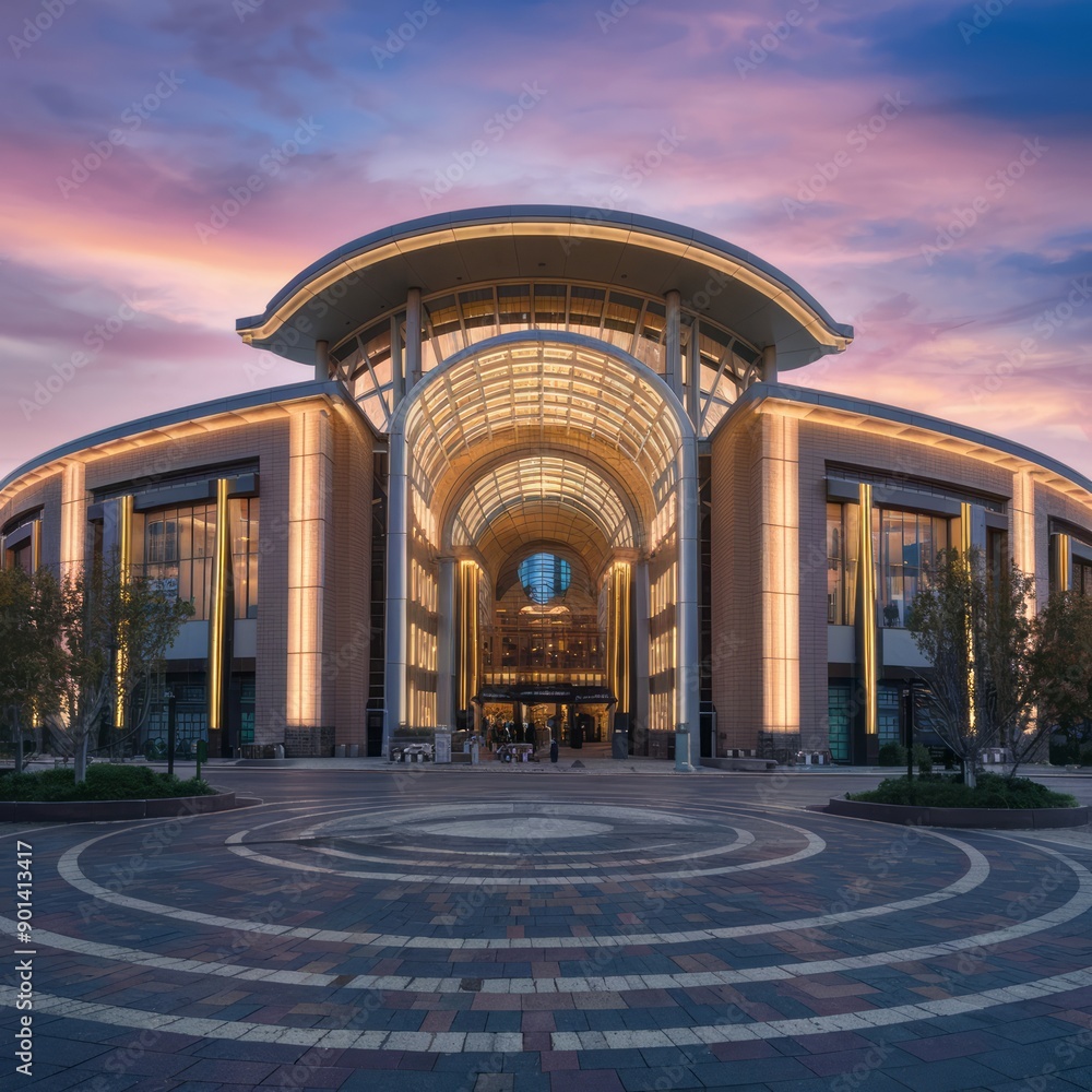 Fototapeta premium exterior design of a mall, inviting lights. The building is a modern architectural masterpiece
