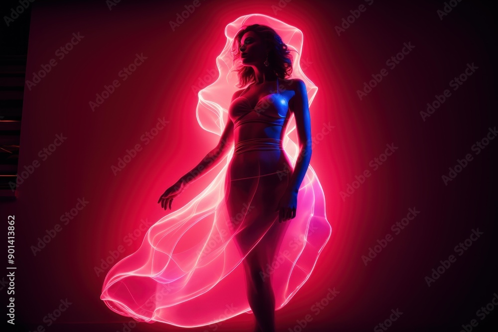 Fototapeta premium Artistic silhouette of a woman surrounded by vibrant neon glow and abstract shapes