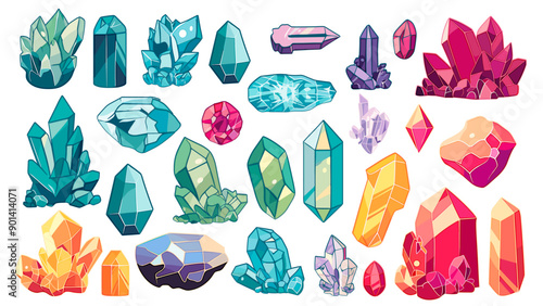 gemstone. crystal diamond sapphire emerald uncut bright set of vector illustrations in cartoon vector, illustration