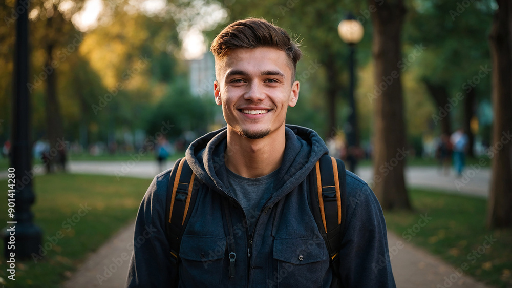 A handsome 22 year old Ukrainian man smiles at the camera with his hands in his trouser pockets and a backpack, he is in the park A handsome 22 year old Ukrainian man smiles at the camera with his hands in his trouser pockets and a backpack, he is in the park
