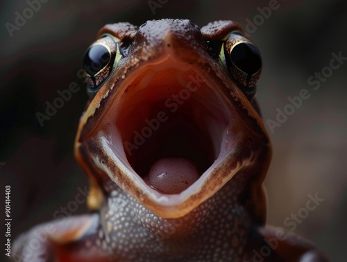Medium shot of Colorful photo of frog with wide opened mouth, themed background, bright tonality.  