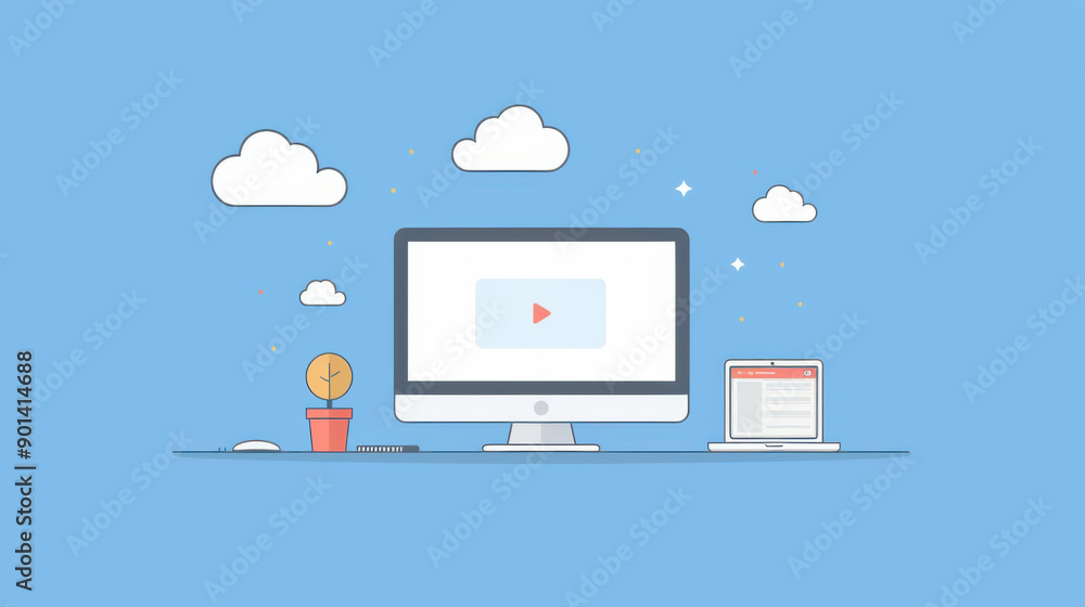 Illustration of cloud computing concept featuring a desktop and laptop with cloud icons and a minimalist design on a blue background.