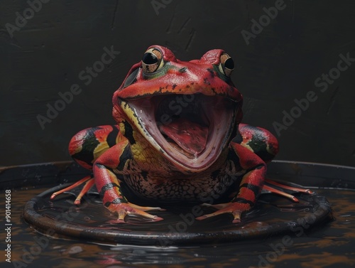 Medium shot of Colorful photo of frog with wide opened mouth, themed background, bright tonality.  