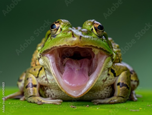 Medium shot of Colorful photo of frog with wide opened mouth, themed background, bright tonality.  