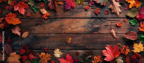 Top down view of a wooden table adorned with autumn leaves in red orange green brown and yellow hues creating a fall themed backdrop with room for a copy space image