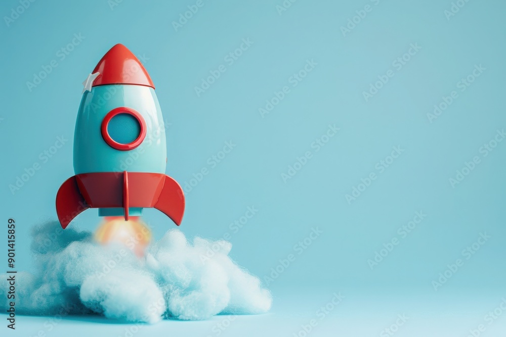 A colorful toy rocket lifts off with a burst of energy, surrounded by fluffy clouds, aimed at exploring distant galaxies. A colorful toy rocket lifts off with a burst of energy, surrounded by fluffy clouds, aimed at exploring distant galaxies.