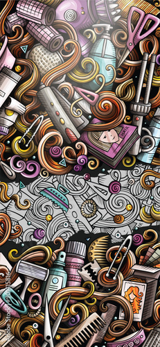 Hair salon hand drawn doodle banner. Cartoon detailed illustrations. Barbershop identity with objects and symbols. Color vector design elements background