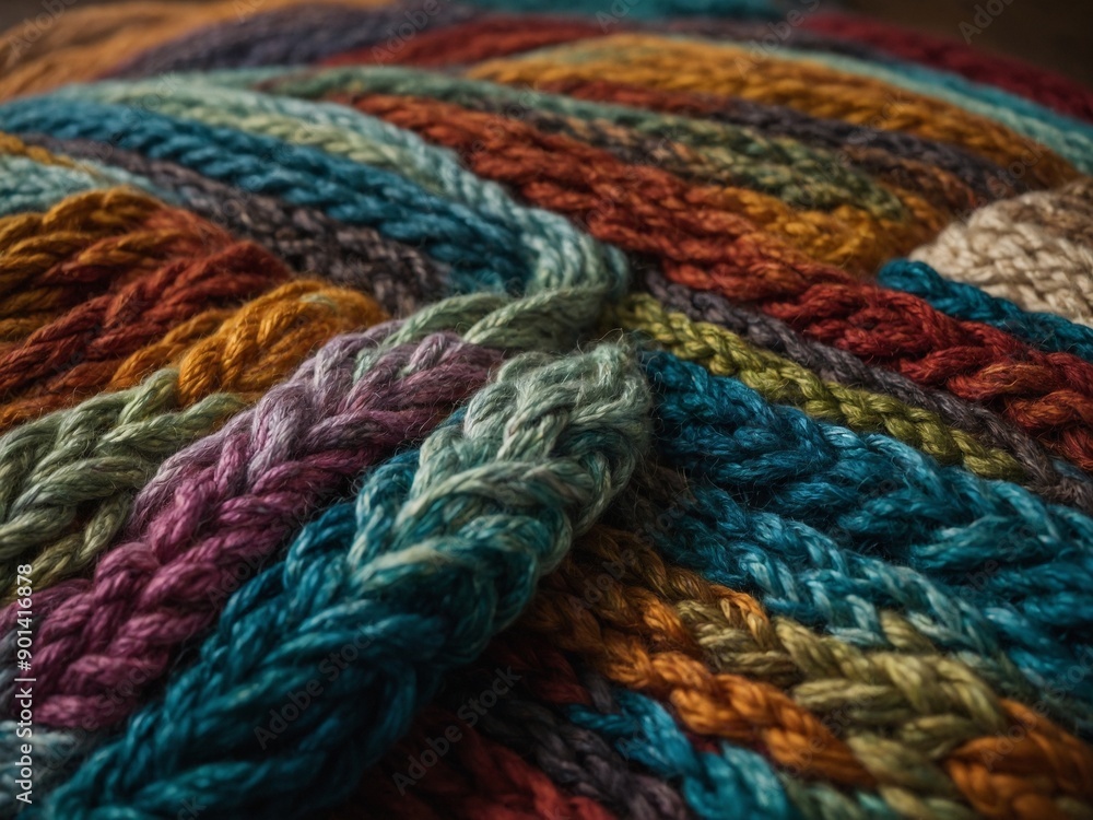 Intricate details of multicolored crocheted blanket, showcasing array of stitches in ripple pattern. Texture emphasized by play of light, shadow, highlighting craftsmanship involved. Intricate details of multicolored crocheted blanket, showcasing array of stitches in ripple pattern. Texture emphasized by play of light, shadow, highlighting craftsmanship involved.
