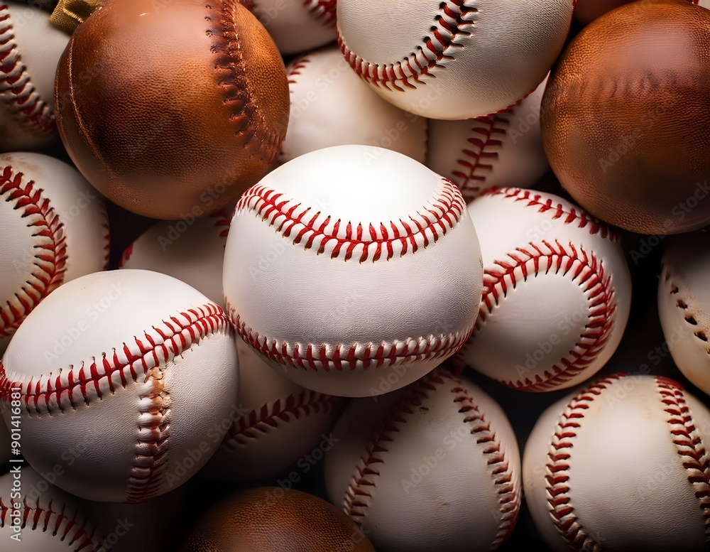 Top view of a pile of many baseball balls, sport background Top view of a pile of many baseball balls, sport background