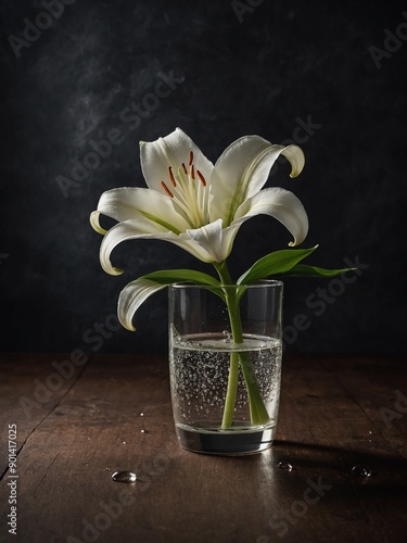 White lily blooms elegantly in clear glass filled with water, set against dark backdrop. Its petals wide open, revealing delicate stamens, pistil. Light reflects off waters surface.